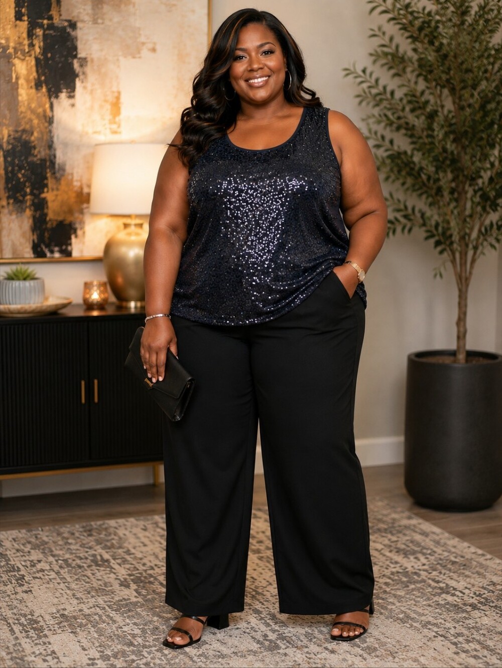 ISAAC MIZRAHI LIVE Black Sequin Front Jersey Knit Sleeveless Top Party Glam